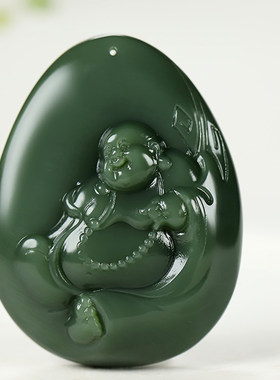 新疆大师李林霏和田玉碧玉粉青细料无暇弥勒佛笑佛挂件 重64.05克