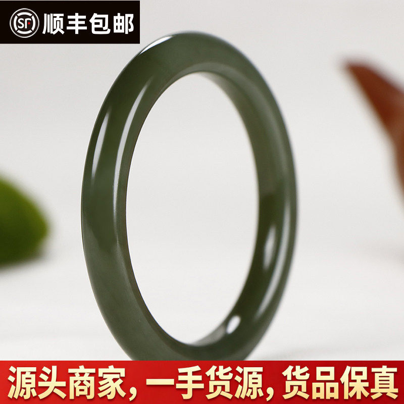 收藏精品和田玉湖水绿圆条玉石手镯起荧光女款玉镯 56mm 40.57克