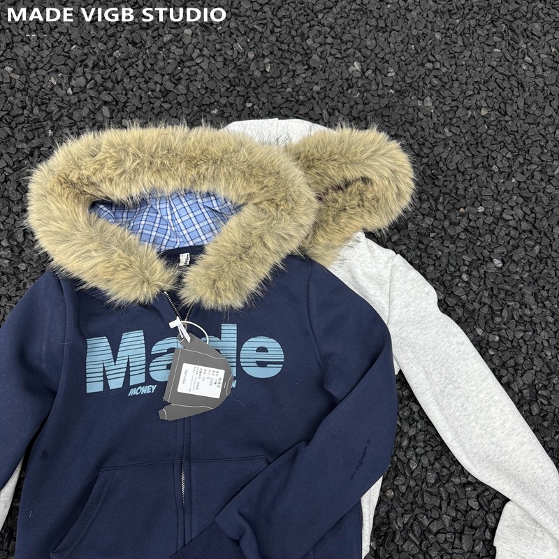 VIGB 原创国潮美式字母设计感短款毛领连帽卫衣修身慵懒风外套ins