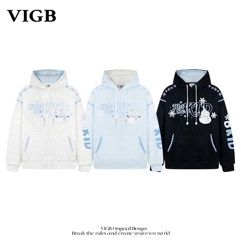 VIGB 原创国潮美式甜酷风雪花刺绣连帽卫衣男女情侣宽松保暖外套