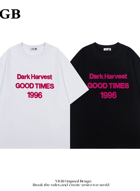 VIGB 原创国潮美式复古慵懒风字母刺绣t恤宽松显瘦设计感圆领上衣