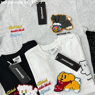 VIGB 体恤 原创国潮学院风魔术贴小狗趣味卡通纯棉T恤情侣重磅短袖