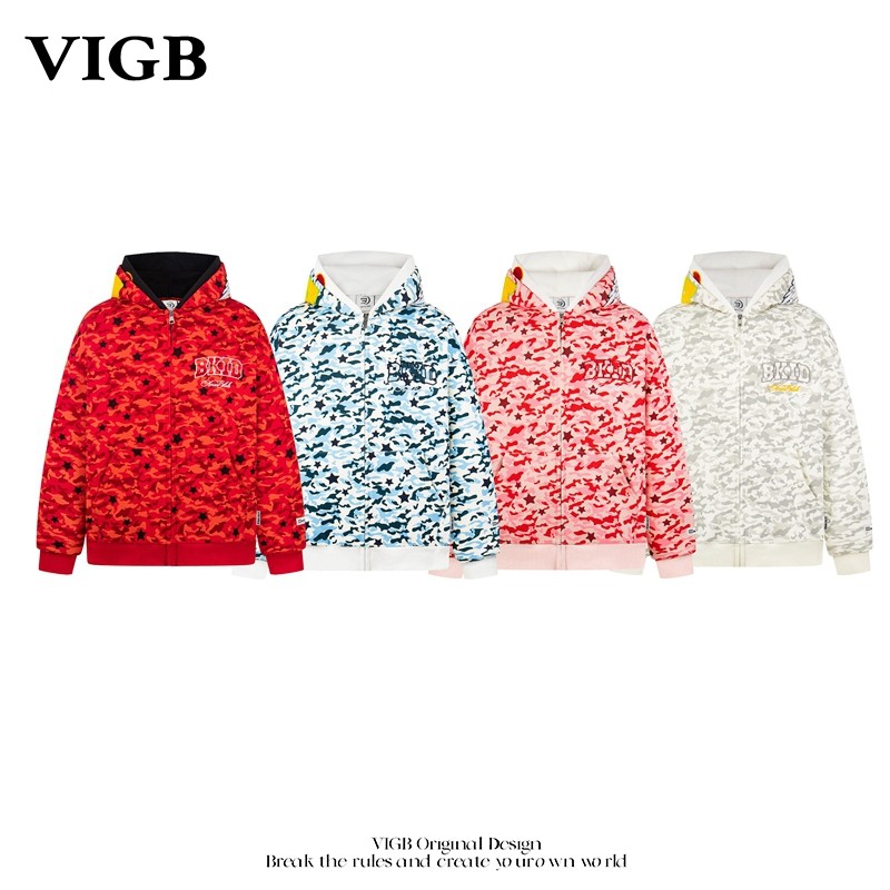 VIGB （原创正品迷彩刺绣叠穿双帽卫衣外套）设计感宽松情侣外套