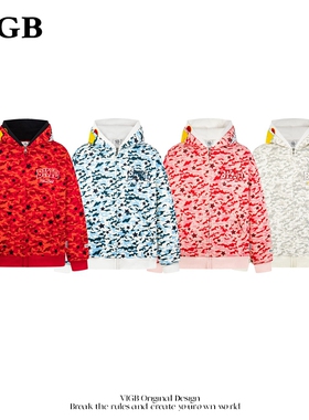 VIGB （原创正品迷彩刺绣叠穿双帽卫衣外套）设计感宽松情侣外套