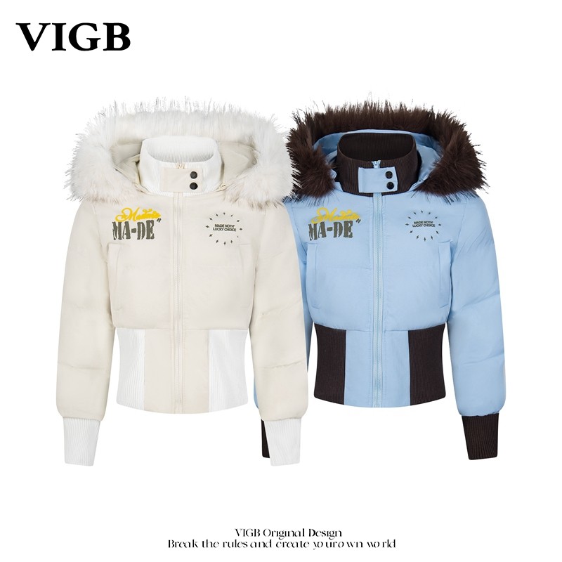 VIGB 原创国潮美式毛领连帽棉服女冬季保暖加厚夹棉收腰外套短款