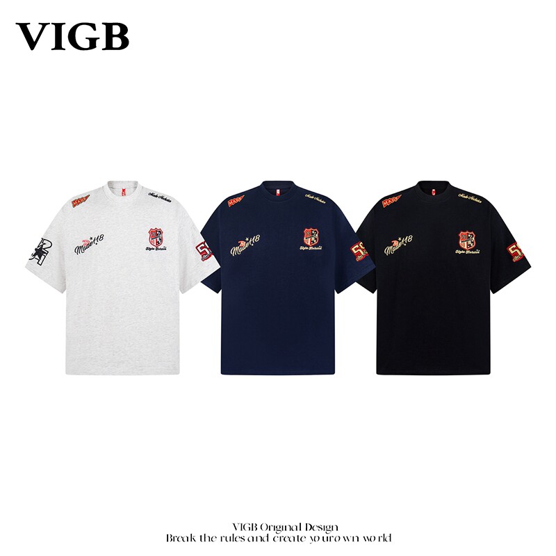 VIGB（原创正品徽章刺绣T恤）美式复古设计感上衣学院风短袖男女