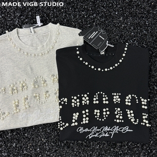 高级质感复古男女情侣短袖 VIGB 原创国潮高级感立体钉珠黑白经典