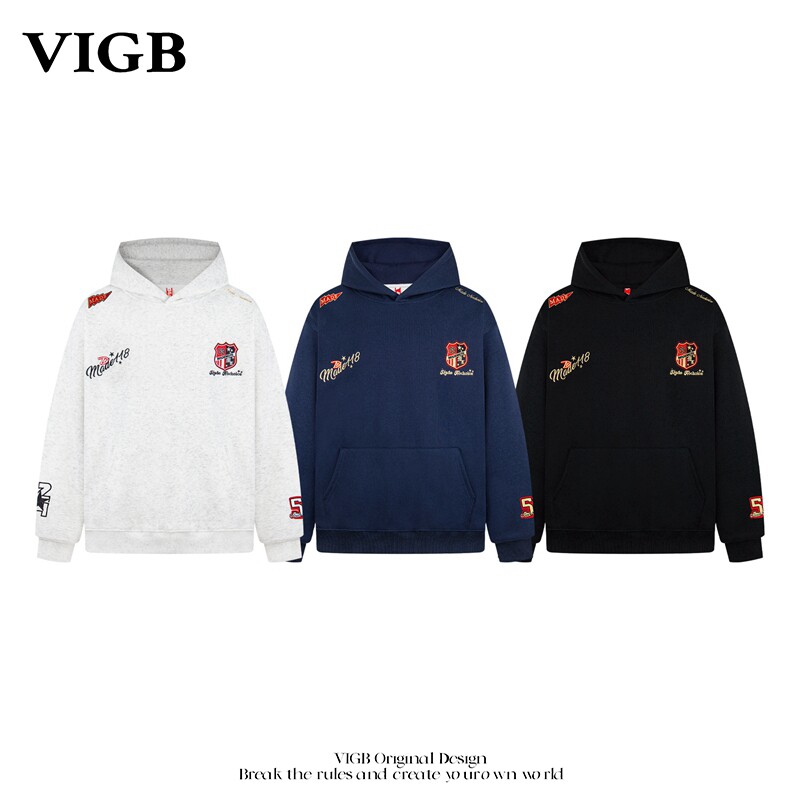 VIGB 原创国潮美式重磅字母徽章刺绣连帽卫衣设计感宽松套头帽衫