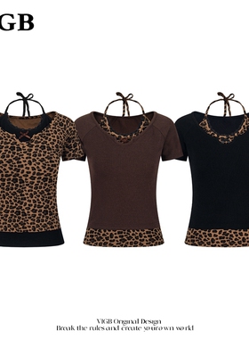 VIGB 原创国潮美式复古辣妹豹纹T恤女假两件修身短款休闲小众上衣