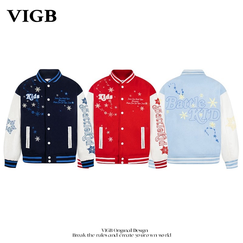 VIGB 原创国潮美式复古雪花刺绣棒球服外套男女情侣装夹克外套