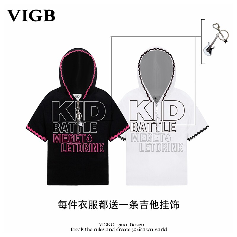 VIGB 原创国潮美式复古街头连帽短袖T恤男女宽松潮牌设计感帽衫潮