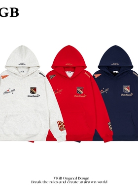 VIGB 原创国潮美式刺绣徽章加绒连帽卫衣男女设计感百搭帽衫ins潮