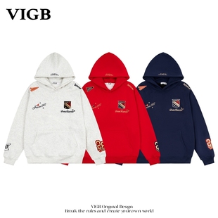 ins潮 刺绣徽章加绒连帽卫衣男女设计感百搭帽衫 VIGB 原创国潮美式
