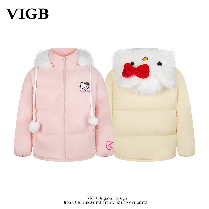 VIGB 原创国潮美式卡通连帽棉服女冬季加厚宽松可爱毛球保外套潮