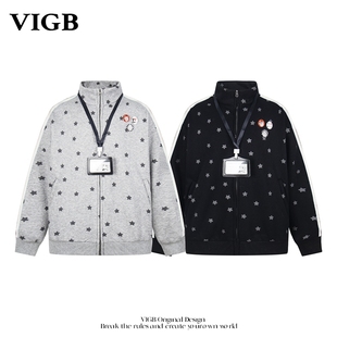 卫衣男女秋冬宽松百搭情侣外套潮 星星立领开衫 VIGB 原创国潮美式