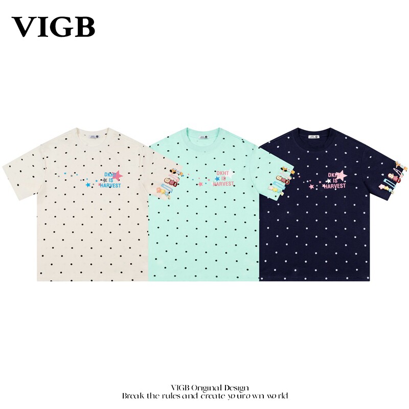 VIGB 原创国潮美式复古波点印花T恤短袖男女款新款情侣款宽松上衣