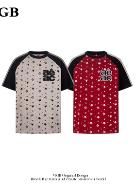 VIGB 原创国潮美式复古星星刺绣短袖t恤设计感宽松亚文化半袖上衣