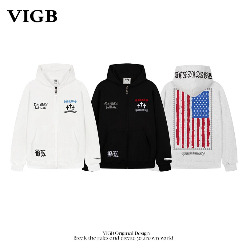 VIGB 原创国潮美式复古街头字母印花开衫连帽卫衣拉链帽衫外套潮