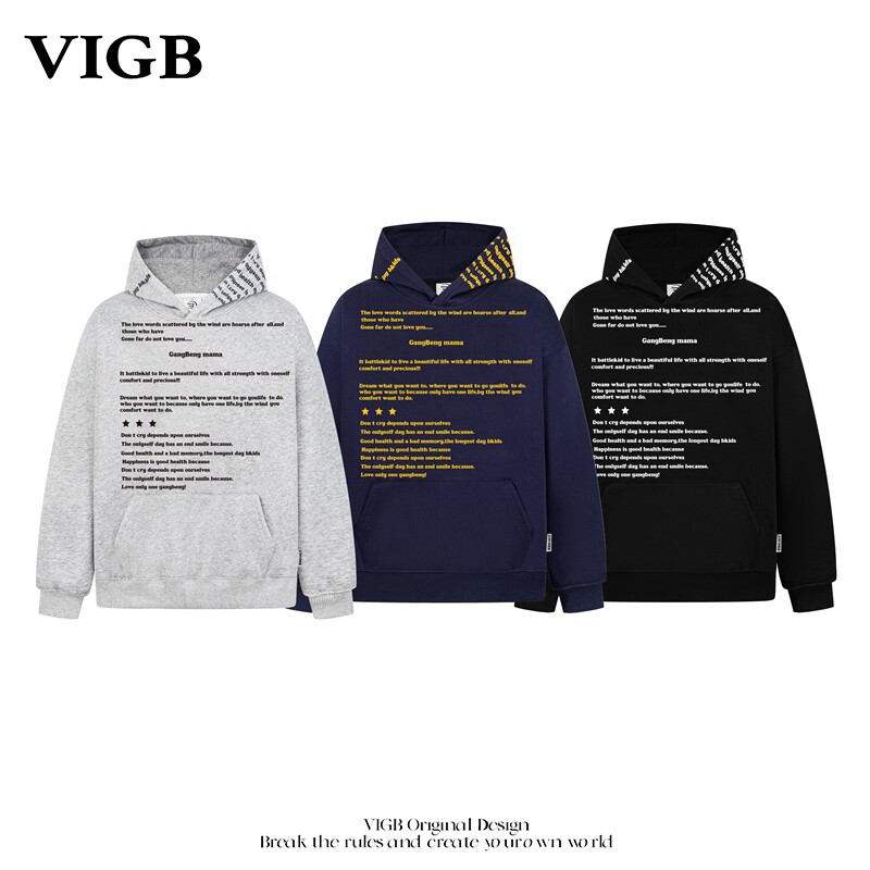 VIGB 原创国潮美式印花连帽卫衣男宽松休闲街头百搭情侣帽衫外套