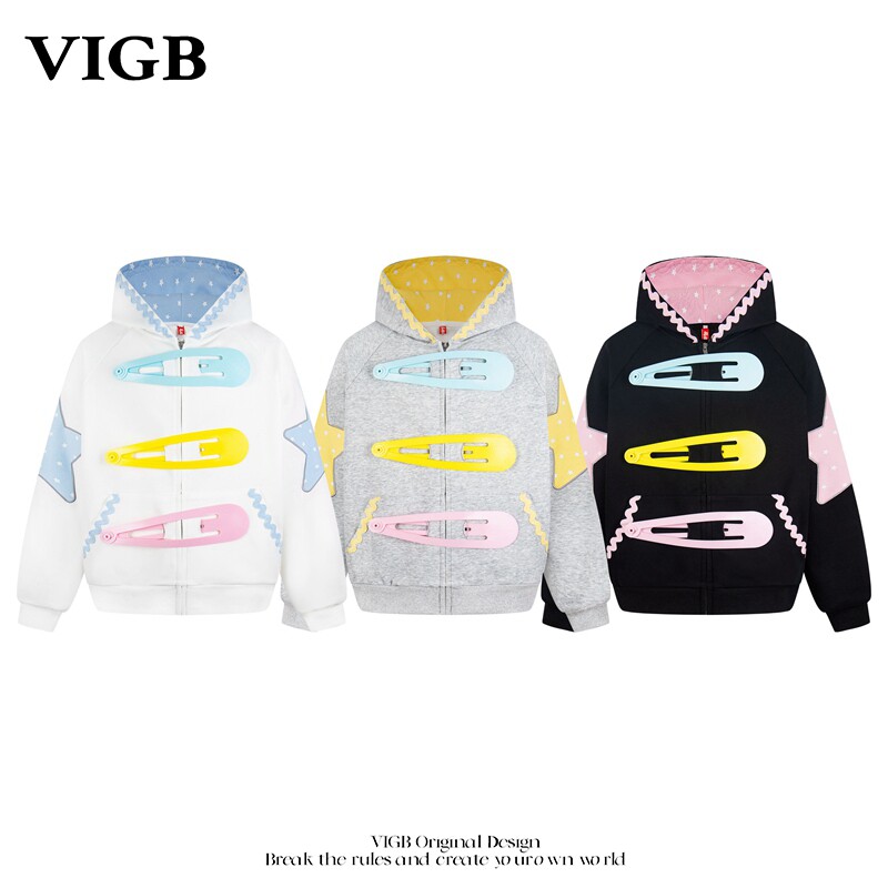 VIGB 原创国潮美式复古发夹开衫拉链卫衣男女设计感显瘦百搭外套