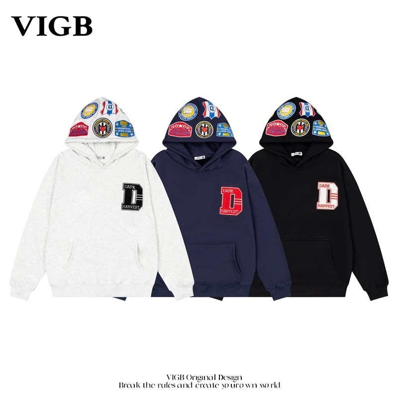 VIGB 原创国潮美式字母刺绣连帽卫衣男女新款重磅宽松情侣帽衫