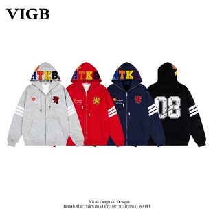 VIGB 原创国潮美式字母刺绣开衫连帽卫衣男女新款宽松帽衫外套潮
