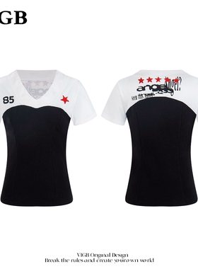 VIGB 原创国潮美式复古小众V领数字印花短袖新款修身显瘦t恤上衣