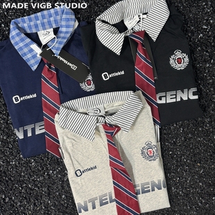 短袖 复古学院风正肩假两件格子领带polo衫 T恤 原创国潮美式 VIGB
