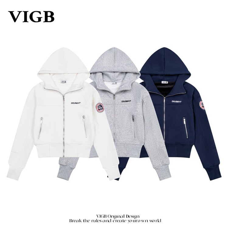VIGB 原创国潮美式连帽卫衣女学院风帽衫休闲修身拉链外套短款