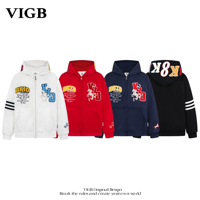 VIGB 原创国潮美式字母刺绣开衫连帽卫衣男女宽松情侣拉链帽衫潮