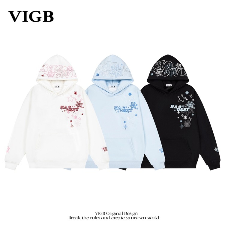 VIGB 原创国潮美式雪花刺绣连帽卫衣男女款宽松情侣款春季帽衫潮
