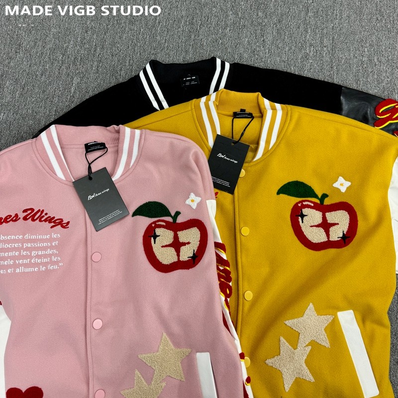 VIGB 原创国潮美式复古多巴胺皮袖拼接棒球服学院风情侣夹克外套