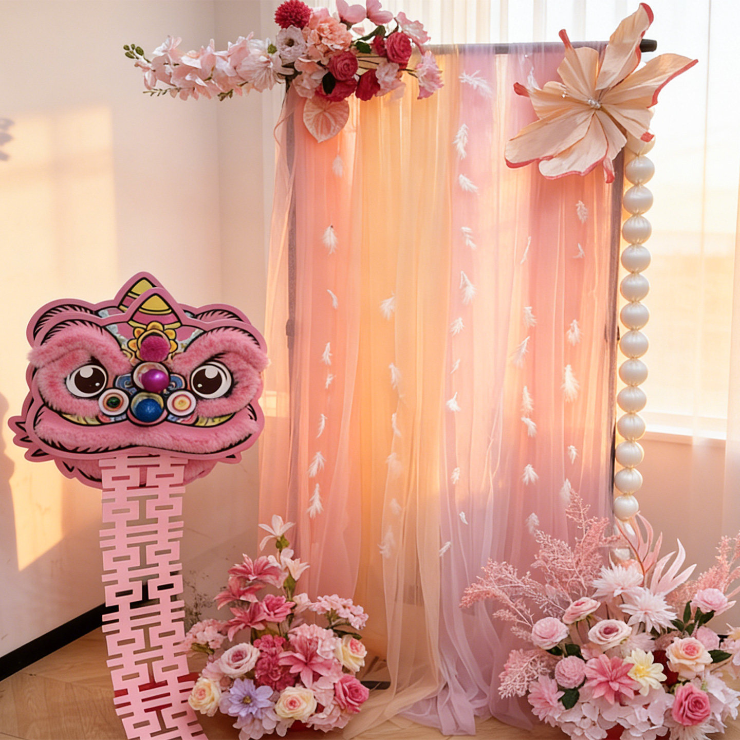 粉色醒狮纱幔婚房布置主卧室喜字kt板晨袍拍照背景墙装饰仙气摆件,节庆用品/礼品,装扮布置套餐,淘宝优惠券,粉丝福利购,淘宝优惠卷