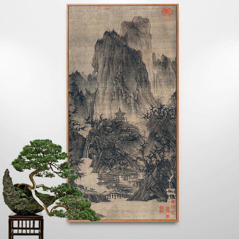 李成晴峦萧寺图古画宋代山水画新中式玄关装饰画走廊竖版挂画仿古