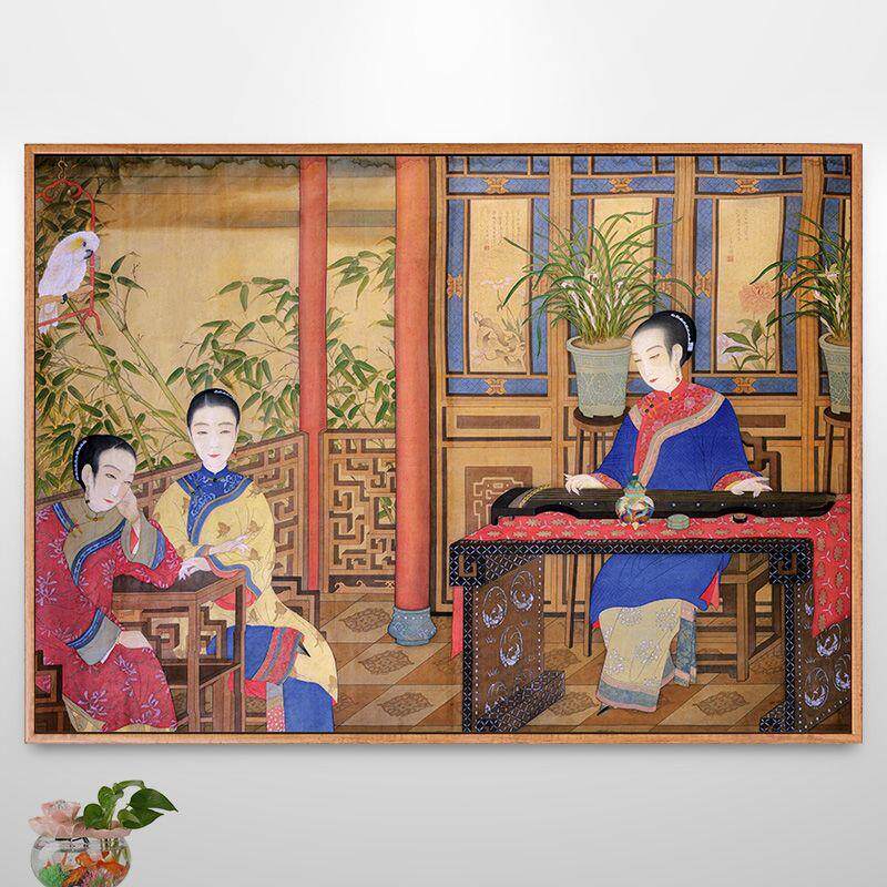 闺中听琴图古代人物弹琴画古筝古琴教室挂画新中式装饰画仿古壁画