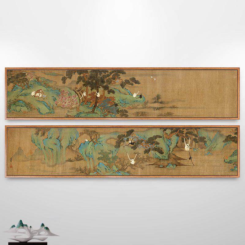 猿戏图仇英山水画猴子装饰画客厅新中式横版中国风古画挂画仿古画