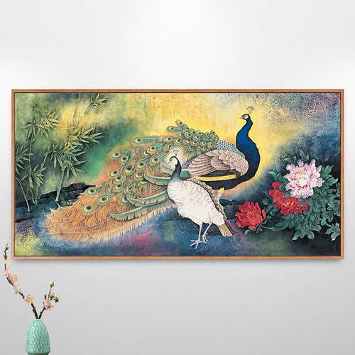 孔雀装饰画客厅新中式壁画卧室床头沙发背景墙挂画横版国画花鸟画