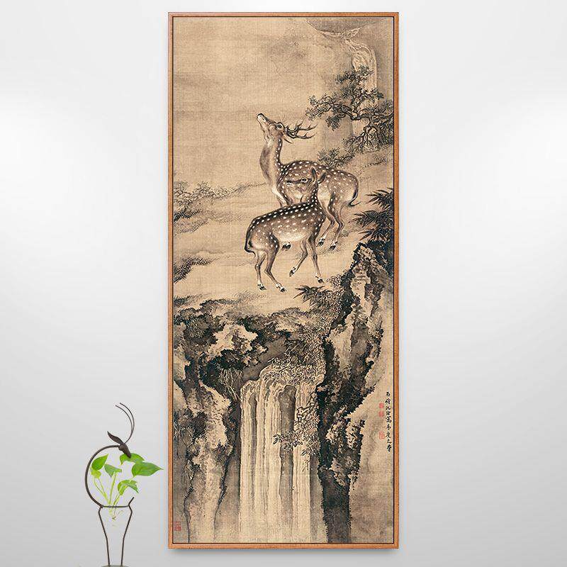 双鹿图沈铨发财鹿装饰画玄关画鹿图案招财走廊竖版挂画梅花鹿壁画