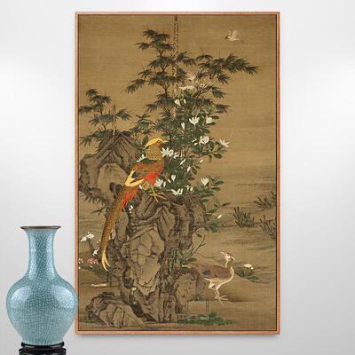 王渊花竹锦鸡图花鸟画新中式玄关装饰画走廊竖版挂画古画仿古壁画