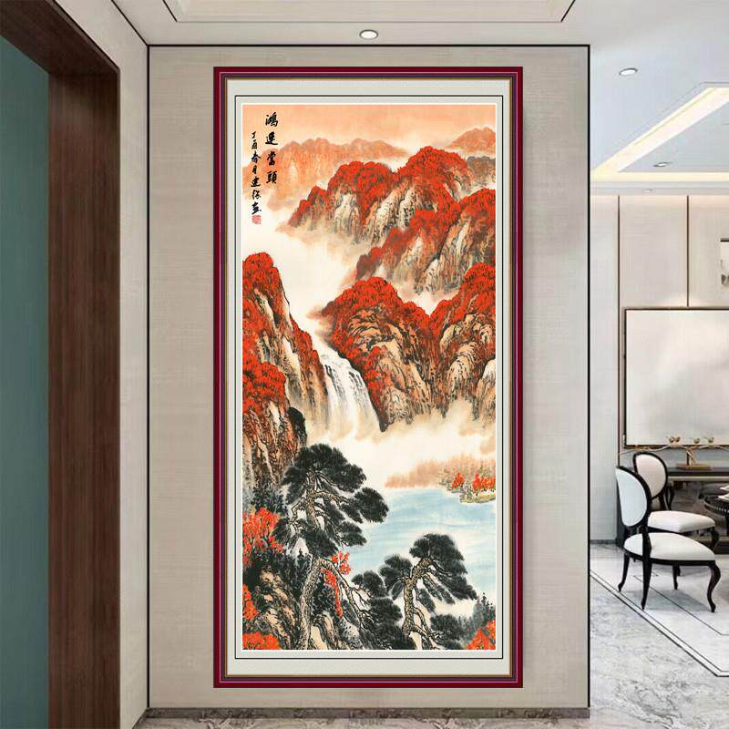 竖款山水画鸿运当头国画牡丹客厅挂画玄关画走廊过道自粘贴画仿古