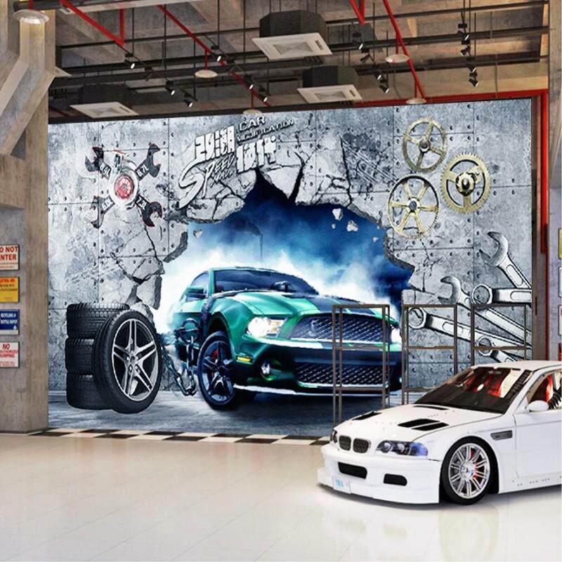 汽车墙贴大型壁画墙面装饰汽车主题贴画3d立体墙纸防水自粘餐饮店