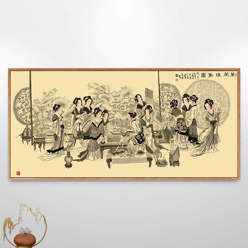 下围棋美人图古风画新中式书房装饰画茶室背景墙挂画别墅壁画