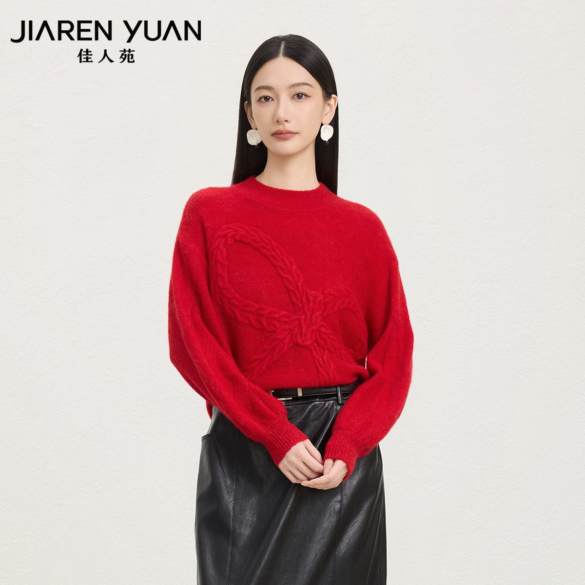 佳人苑针织衫女2026年冬季新款圆领立体麻花蝴蝶结装饰针织衫休闲