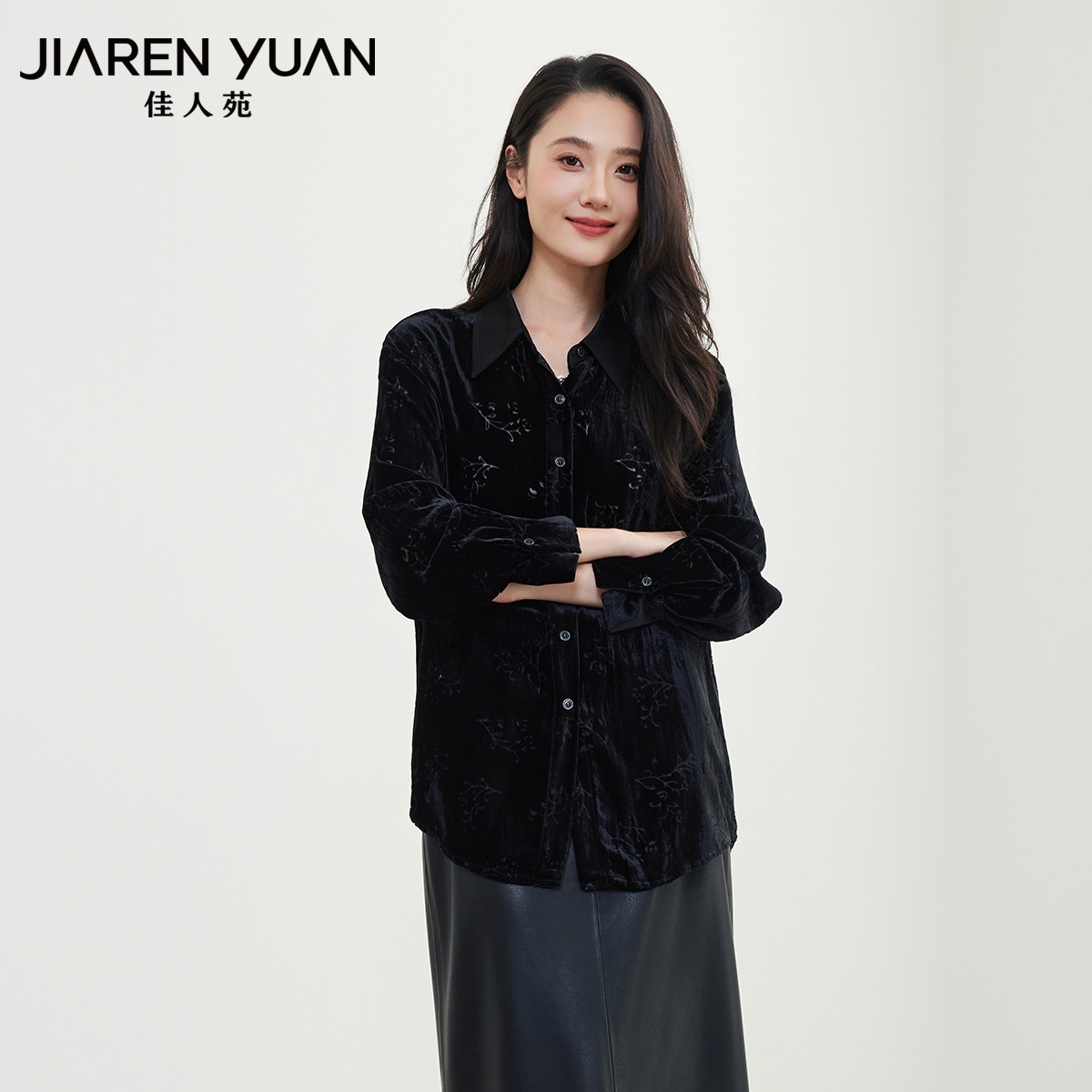 佳人苑衬衫女2025年冬季新款翻领缎面拼接落肩长袖上衣复古优雅