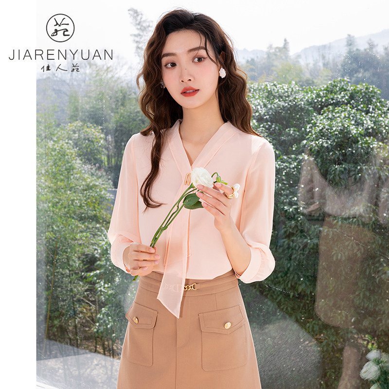 佳人苑衬衫女2022秋季新款V领飘带气质上衣七分袖纯色雪纺衫韩版