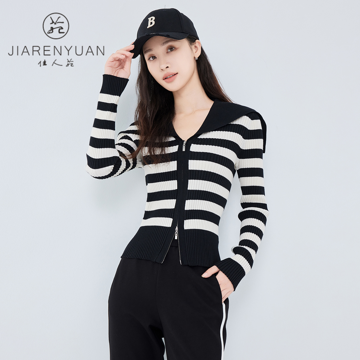 海军领针织衫佳人苑条纹