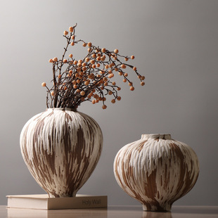 现代复古侘寂风中式 饰摆件 禅意粗陶罐大号圆肚陶瓷花器民宿客厅装