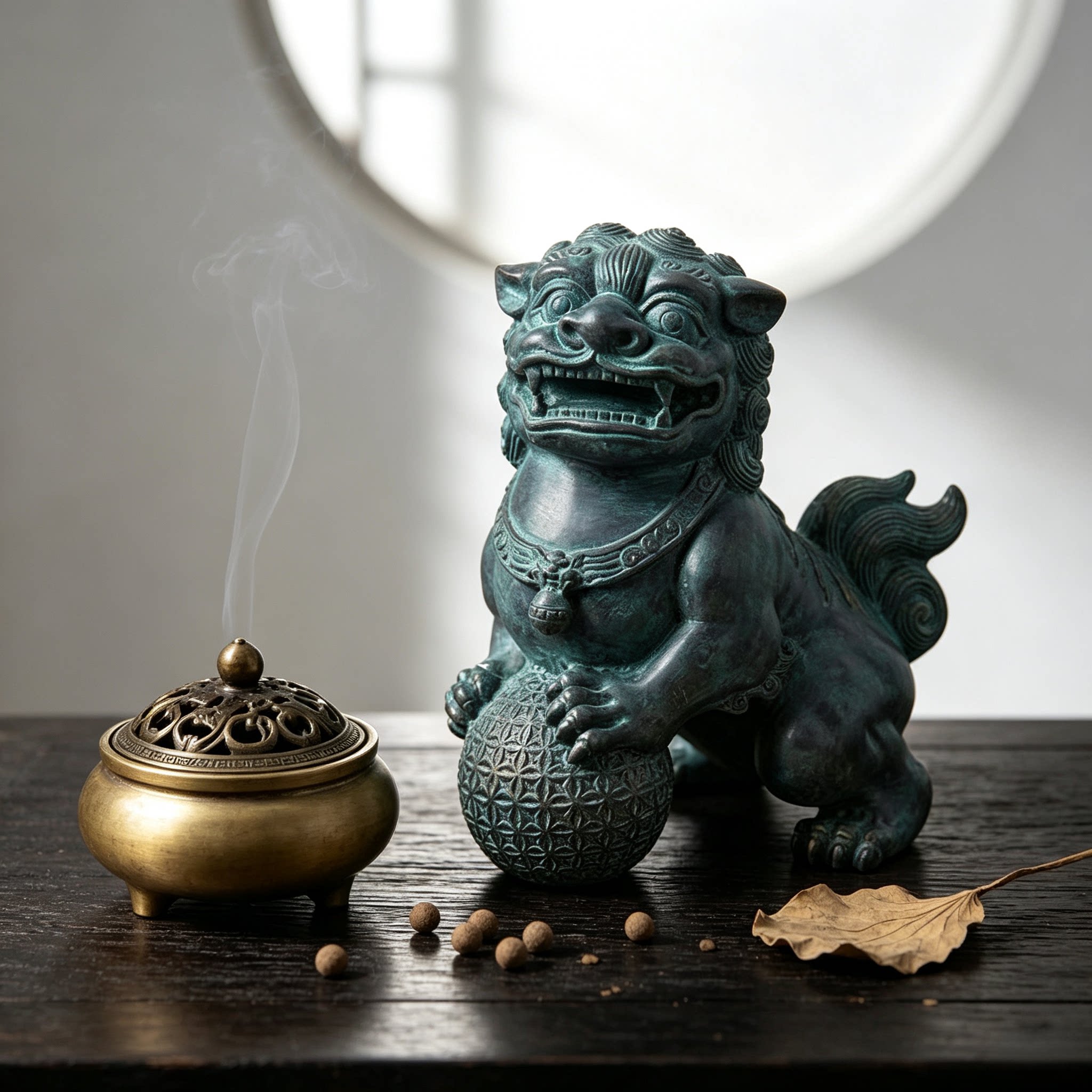 中式仿古青铜色树脂石狮子摆件