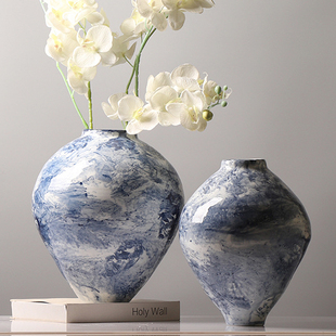 现代中式意境水墨风青花涂鸦陶瓷花器大号组合摆件客厅桌面装饰品