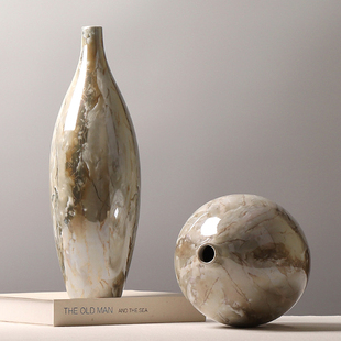 现代轻奢新中式意境大理石纹小口陶瓷花器客厅玄关桌面装饰品摆件